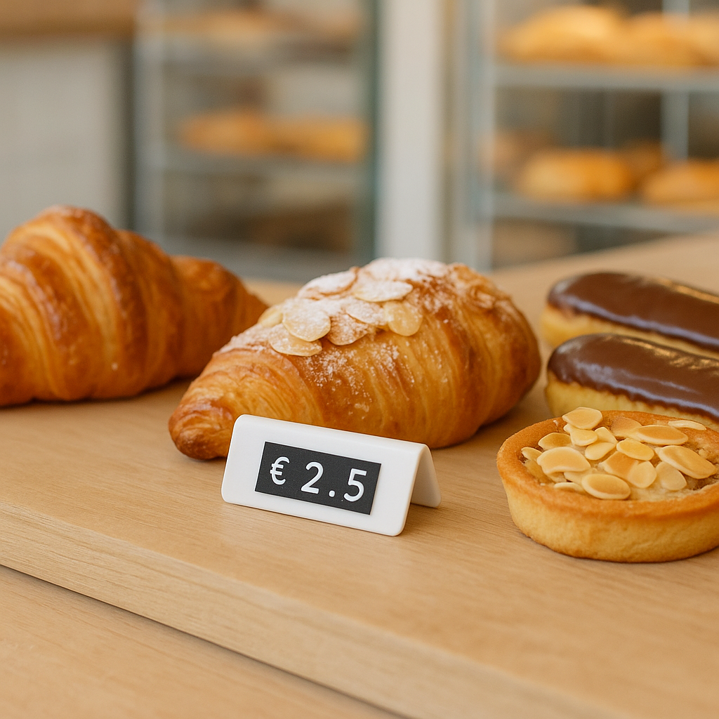 Pastries on a wooden surface with a price tag displaying €2.50.
