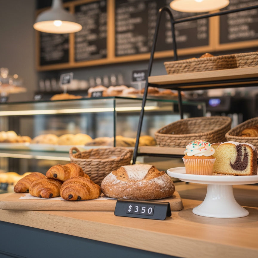 Bakery counter with pastries and a display of cakes, with a focus on the price sign.