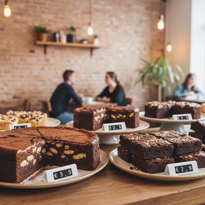 Chocolate cakes on plates with price tags in a bakery setting.