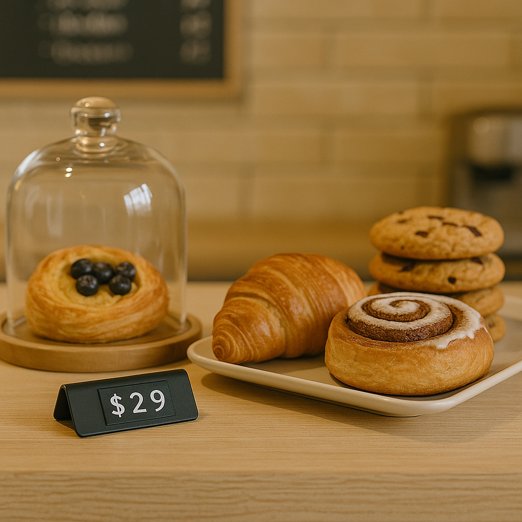 Assorted pastries on a wooden table with a price tag displaying $29.