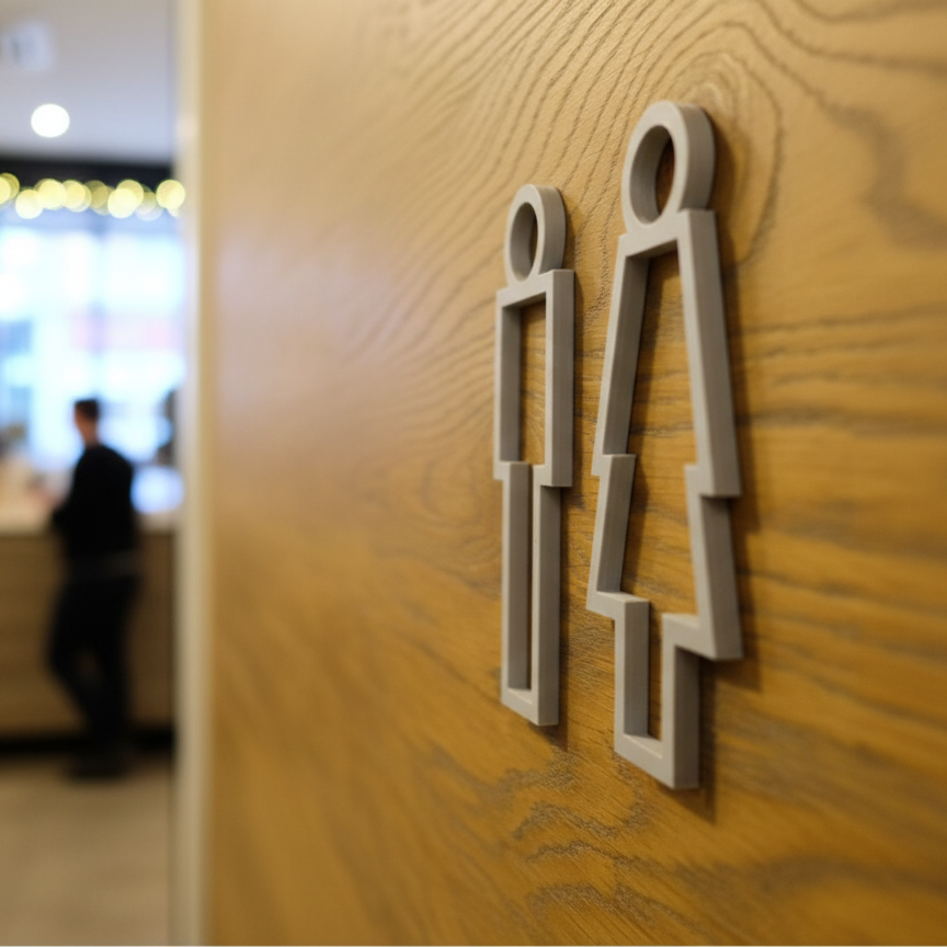 Wooden wall with gender symbols on a blurred indoor background