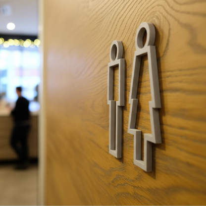 Wooden wall with gender symbols on a blurred indoor background