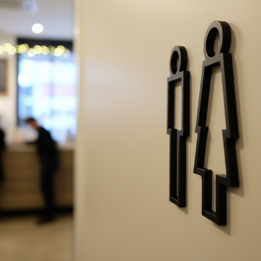 Bathroom signs on a wall with a blurred background of people in a room.