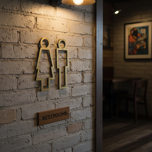 Brick wall with 'RESTROOMS' sign and abstract art in a dimly lit room.