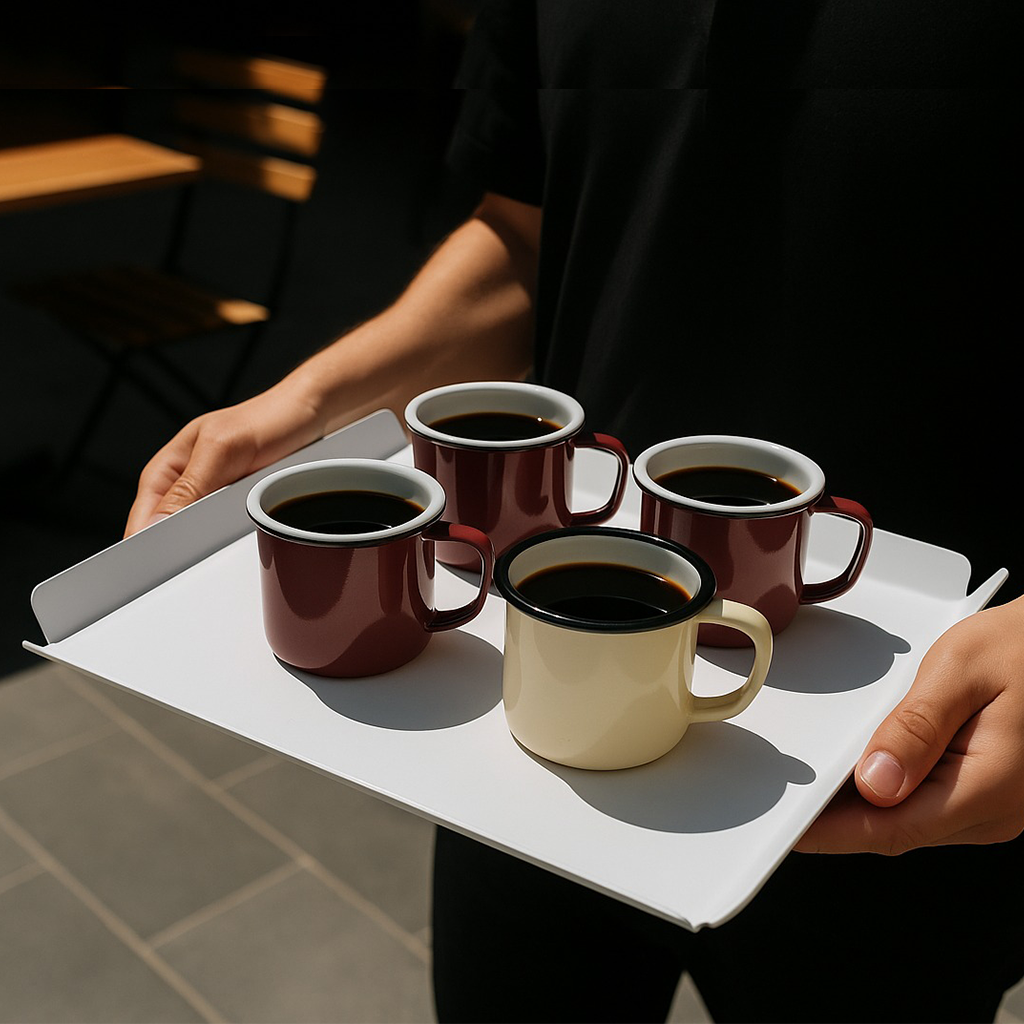 Person holding a tray with four coffee cups in different colors.