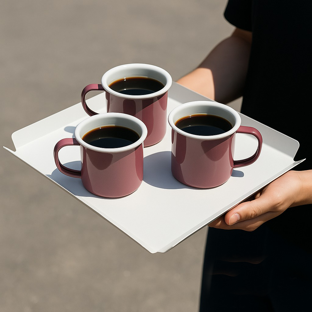 Three maroon mugs filled with coffee on a white tray held by a person.
