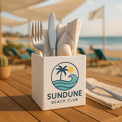 Cutlery holder with 'Sundune Beach Club' logo on a wooden table with beach background