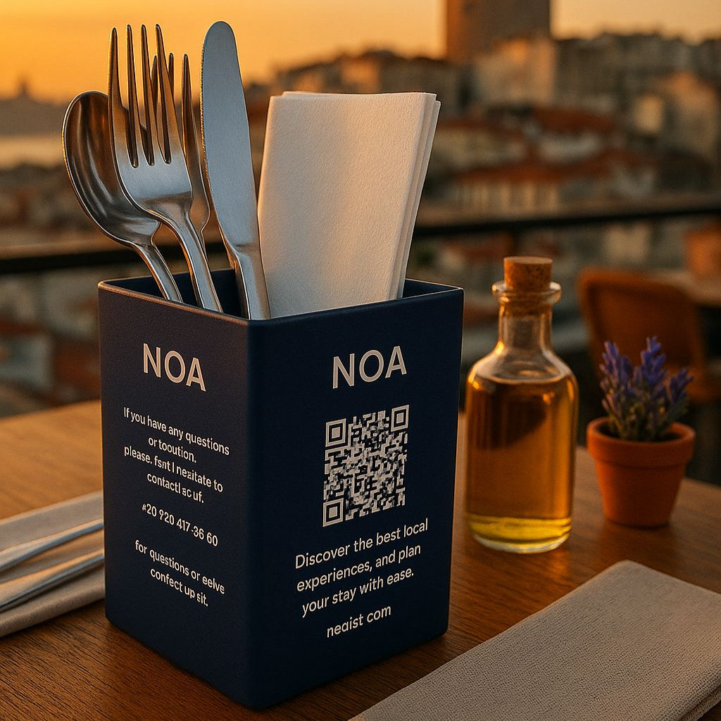 Cutlery holder with 'NOA' branding against a sunset cityscape background