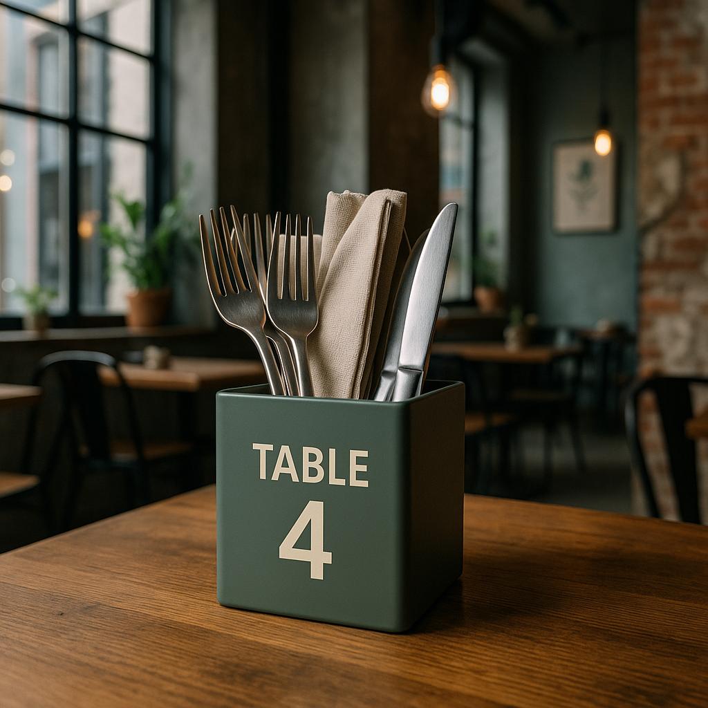 Cutlery holder with 'Table 4' on a wooden table in a restaurant setting