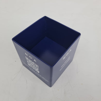 Blue square container with a QR code on a light gray background