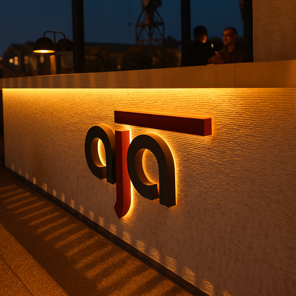 Logo of aja on a textured surface with warm lighting