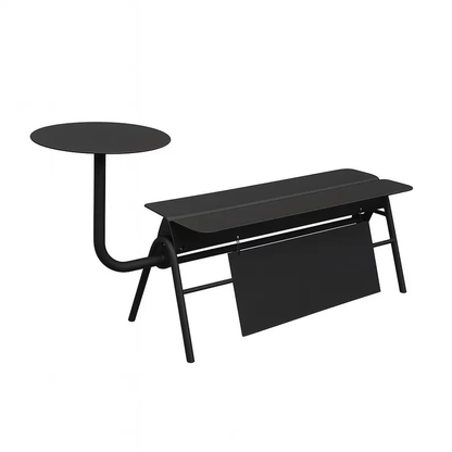 Black metal side table with a small round top and a larger rectangular bottom on a white background