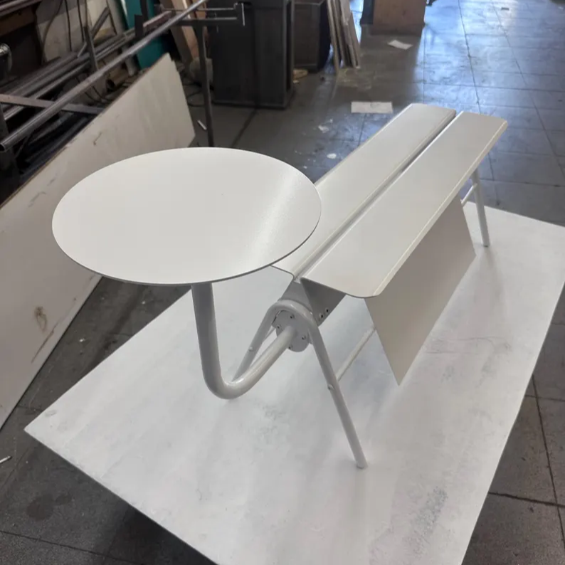 Modern White Metal Cafe Bench with Sign Holder & Optional Side Tables