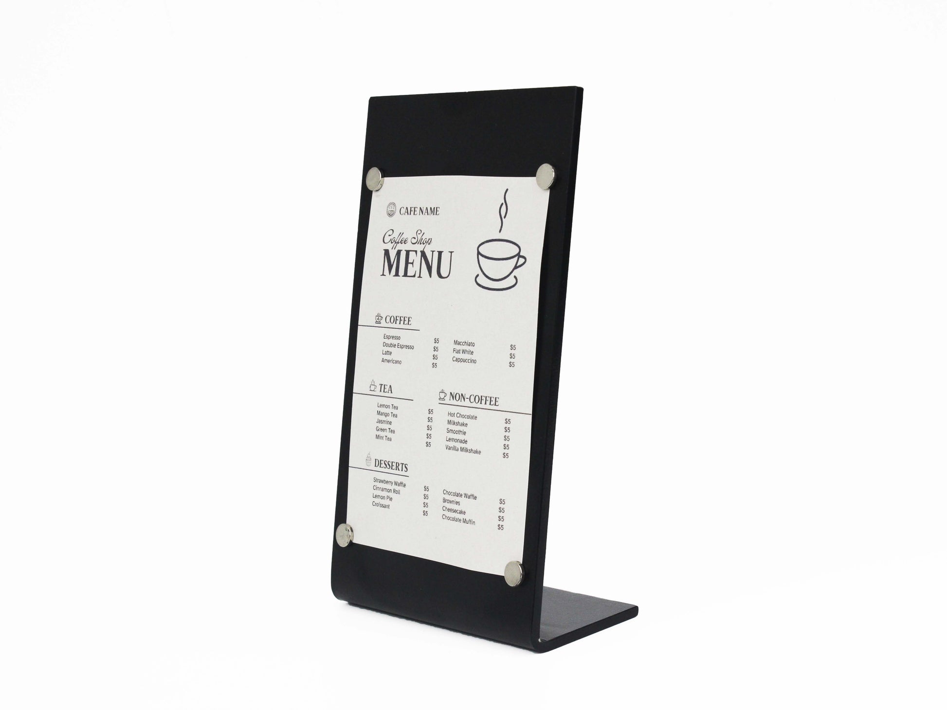 Fits perfectly on counters and tables, adding charm to any setting.
tabletop menu display sign

