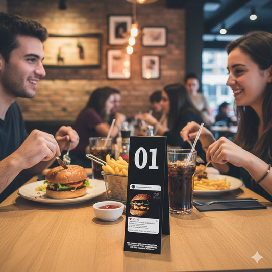 Two people enjoying a meal at a restaurant with burgers, fries, and drinks.