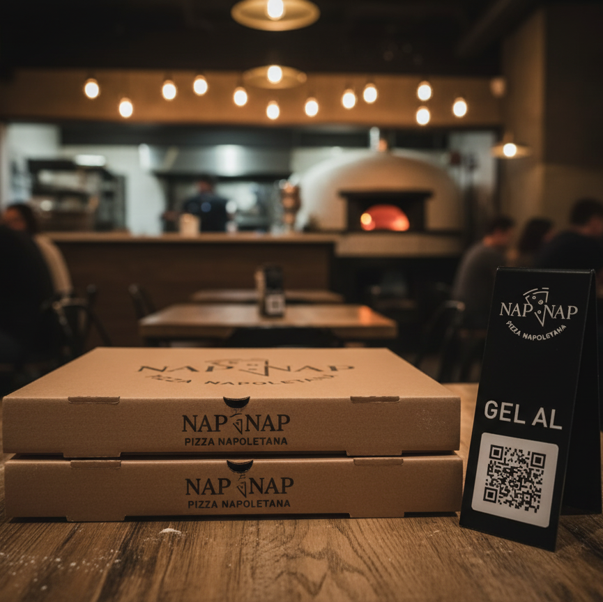 Two pizza boxes from Nap Nap Pizza Napoletana on a table with a sign in the foreground.