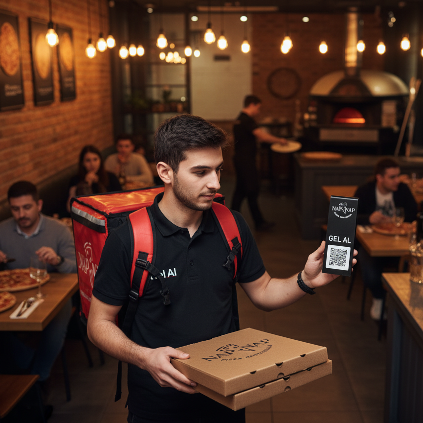 Man holding a pizza box and a branded bag in a restaurant setting