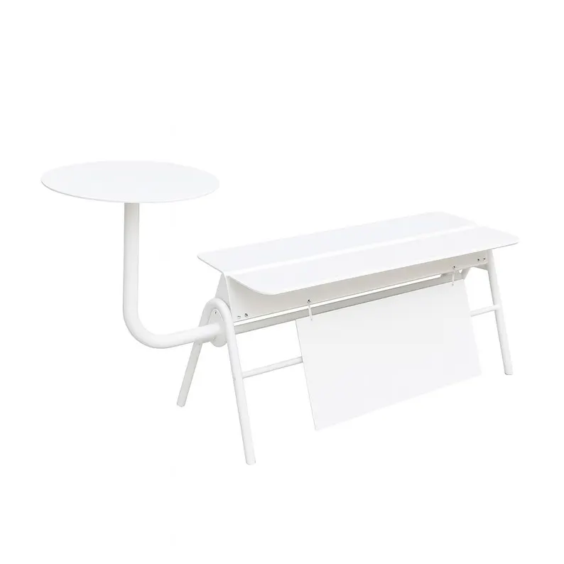 Modern White Metal Cafe Bench with Sign Holder & Optional Side Tables