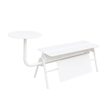 Modern White Metal Cafe Bench with Sign Holder & Optional Side Tables
