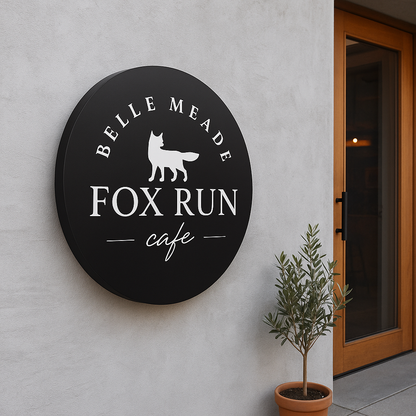 Round sign for Belle Meade Fox Run Cafe on a wall next to a door and plant.