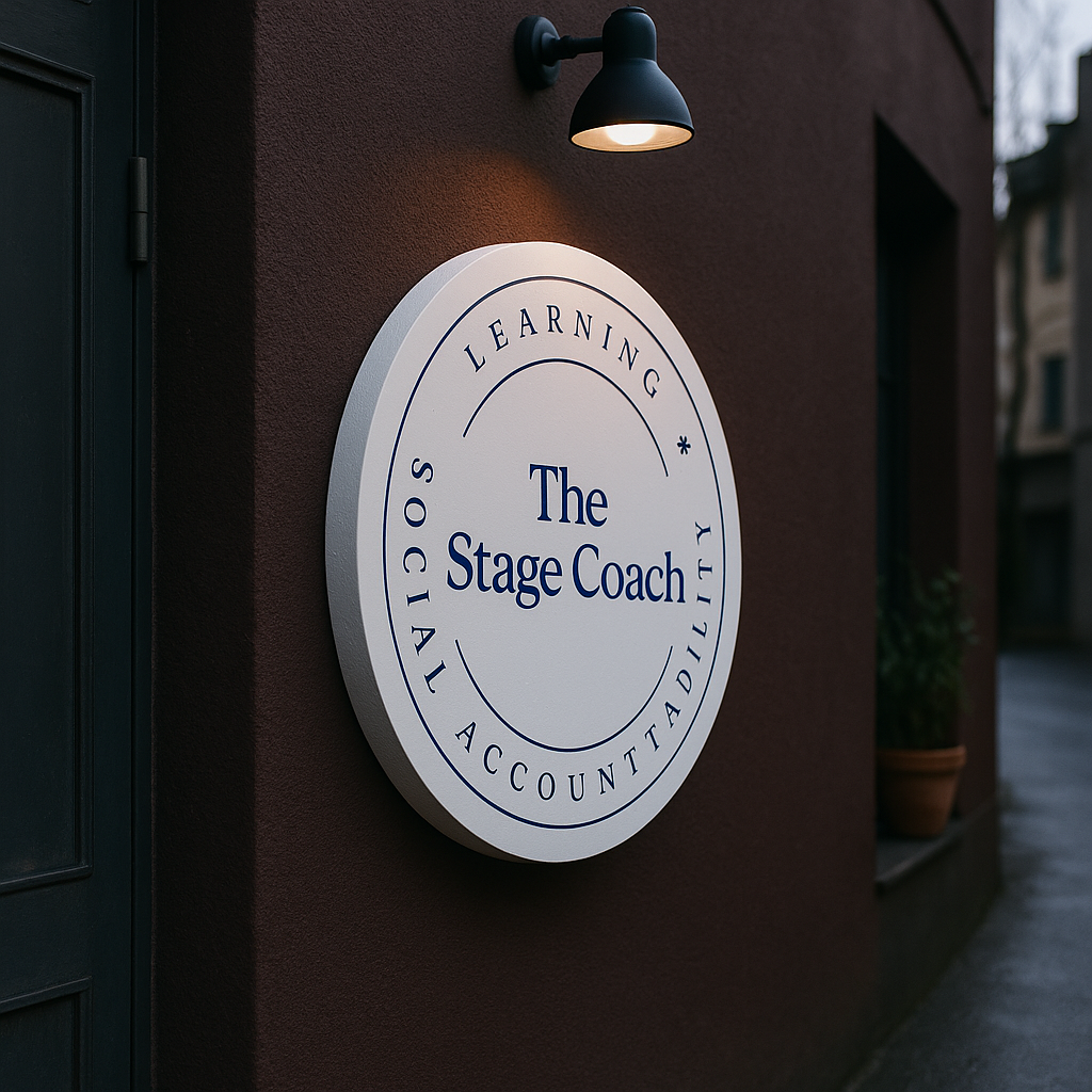 Round sign on a building wall with 'The Stage Coach' branding