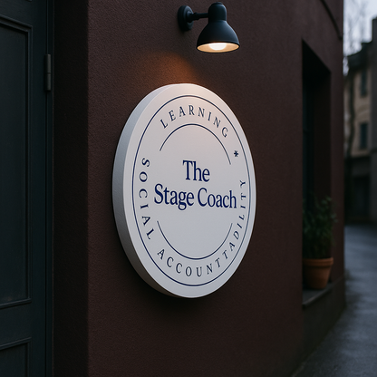 Round sign on a building wall with 'The Stage Coach' branding