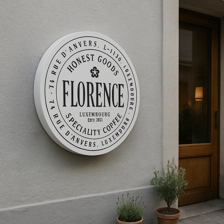 Round sign with 'FLORENCE' branding on a building wall.