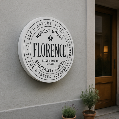 Round sign with 'FLORENCE' branding on a building wall.