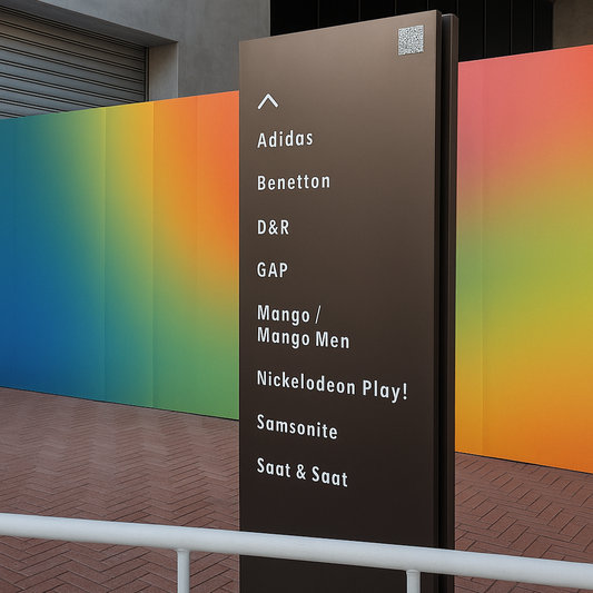 Outdoor sign with brand names against a colorful background