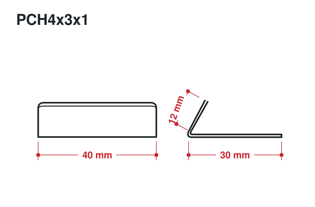 PCH4x3x1 brass price tag card holder technical drawing: front and side views, 40 mm width, 30 mm depth, 12 mm angled lip