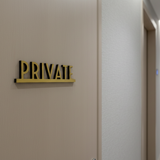 Door with a 'PRIVATE' sign on a beige wall
