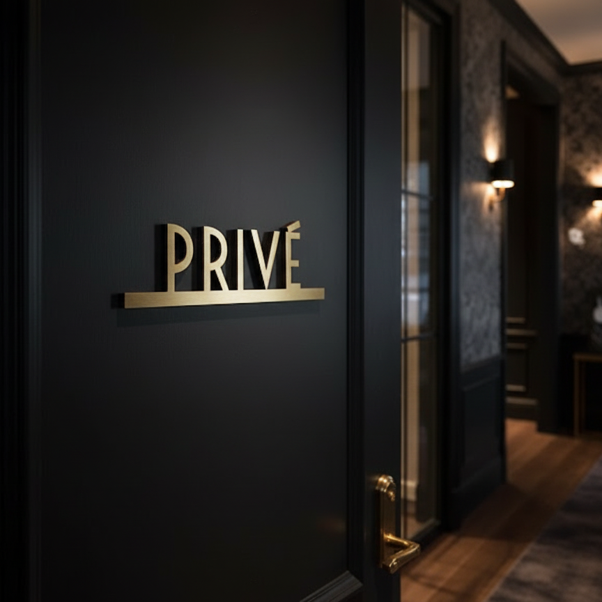 Dark door with 'PRIVE' sign in a dimly lit room