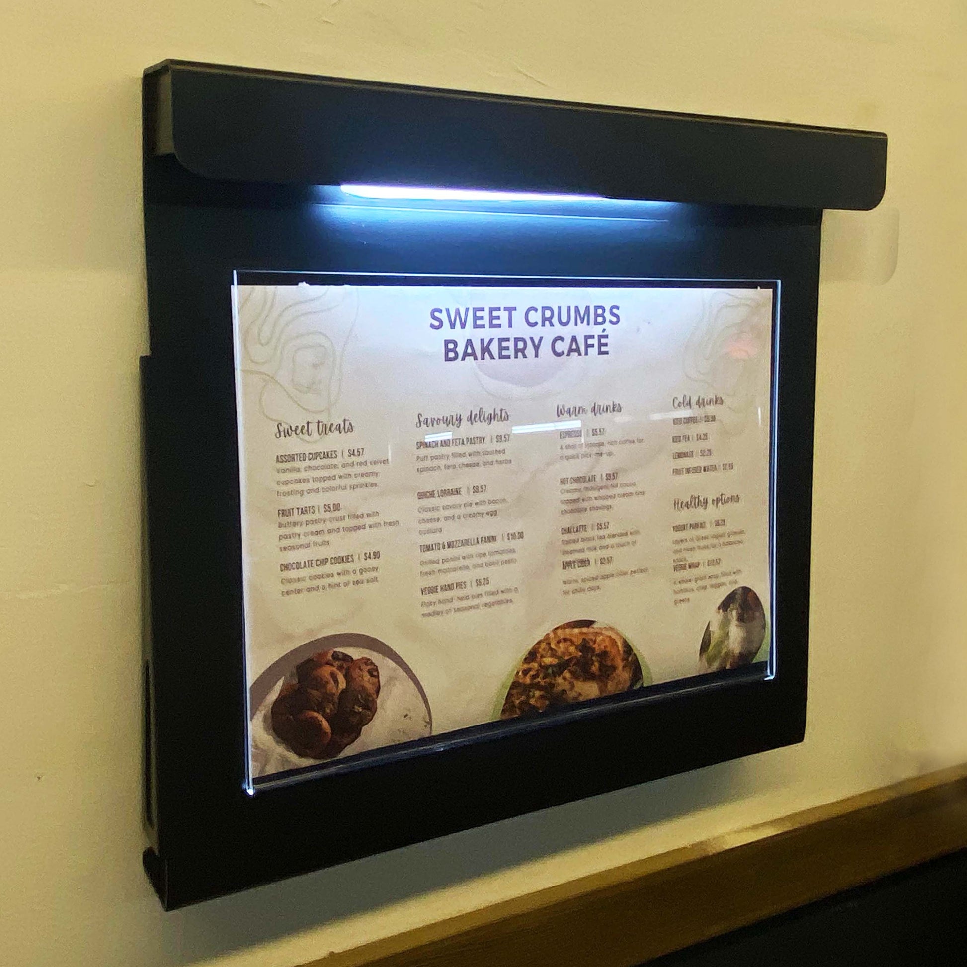 Lightweight Rechargeable LED Menu Board: A sleek and portable illuminated menu board for cafes and restaurants, featuring magnetic LED lights in three color options.

Portable Sidewalk LED Menu Stand: A modern, freestanding menu board with detachable feet and wall-mounting capabilities for versatile use.

Magnetic LED Light Display Board: A customizable LED menu board with easily detachable lights for charging and color adjustment.