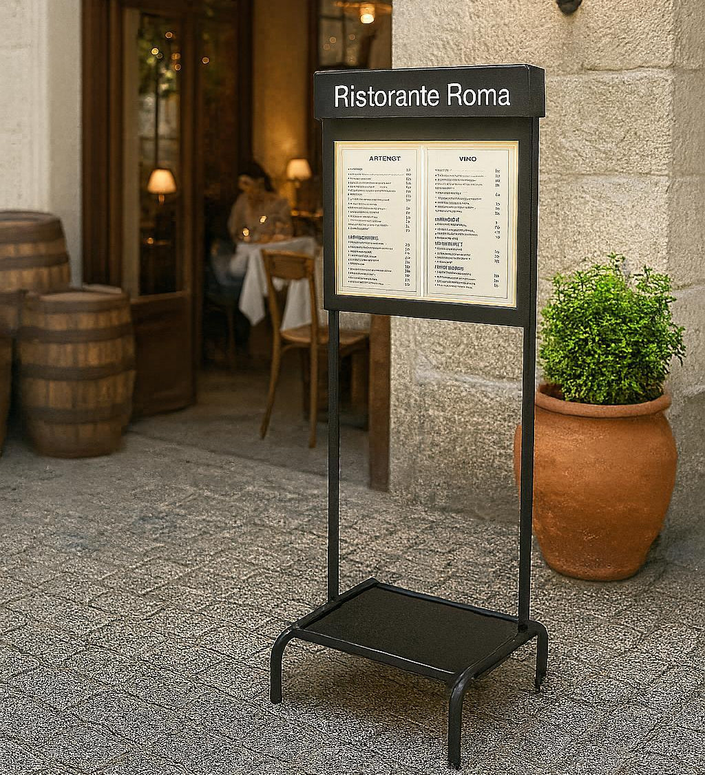 Outdoor menu stand for Ristorante Roma in front of a restaurant entrance.