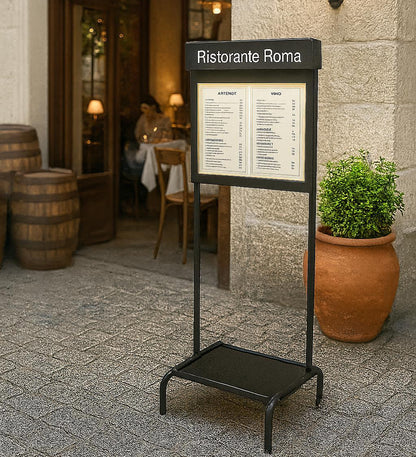 Outdoor menu stand for Ristorante Roma in front of a restaurant entrance.