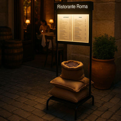 Outdoor sign for Ristorante Roma with a menu displayed, illuminated by a wall lamp.