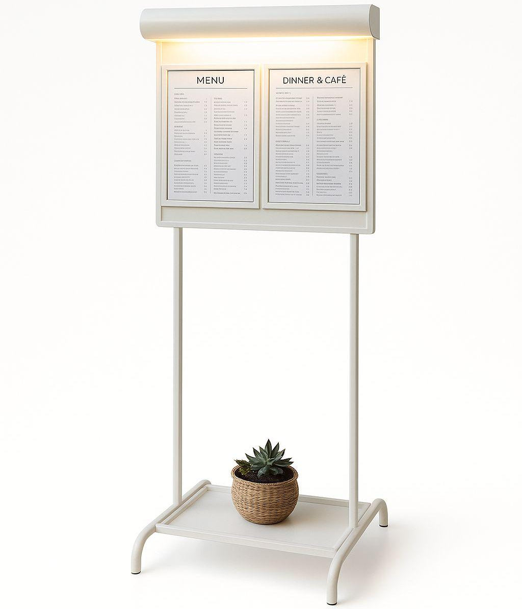 Lighted menu stand with two menu boards on a white background