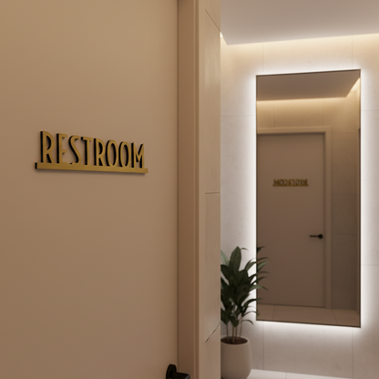 Bathroom interior with a 'Restroom' sign on a beige wall and a mirror.