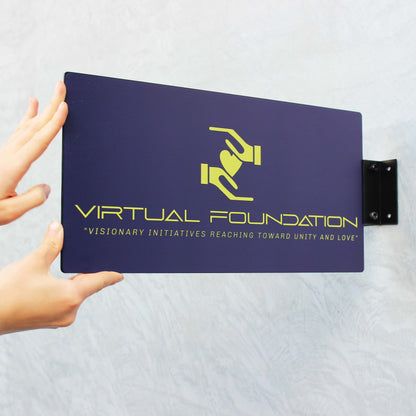 Purple plaque with 'Virtual Foundation' logo and text on a gray background