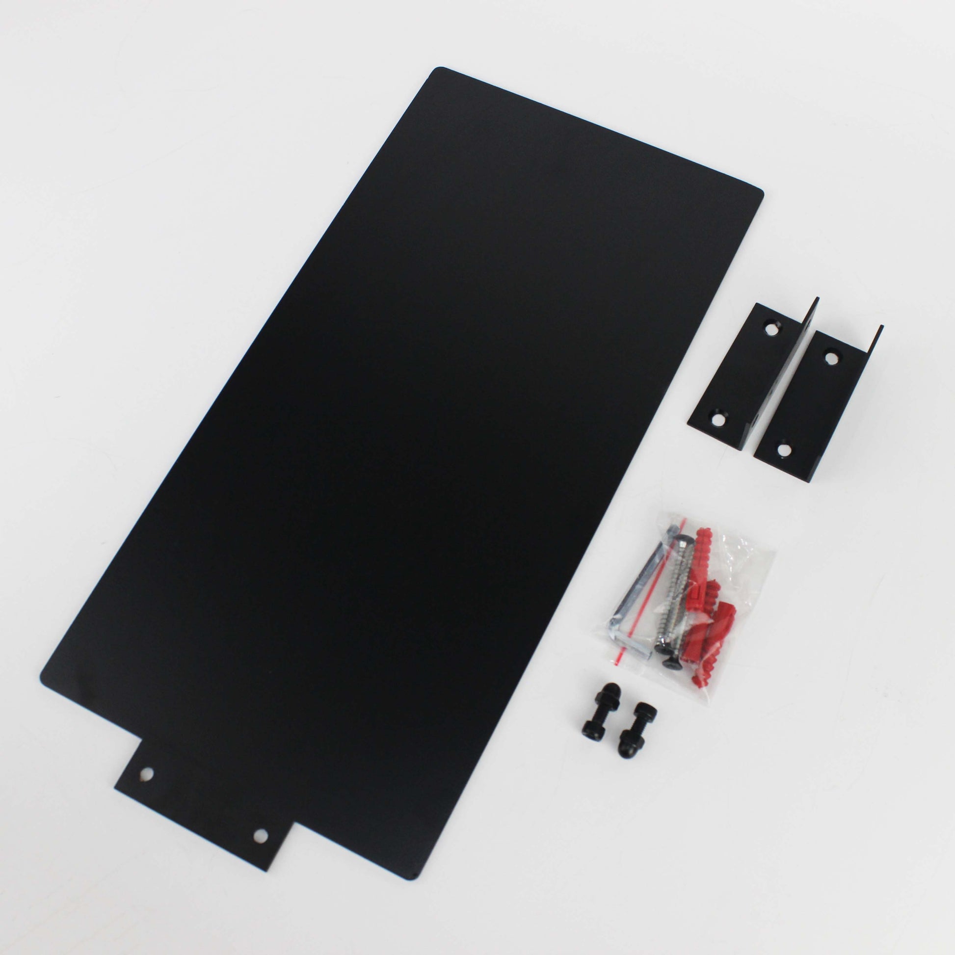 Black metal brackets and screws on a white background