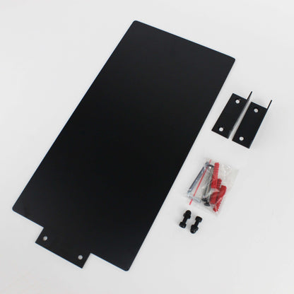 Black metal brackets and screws on a white background