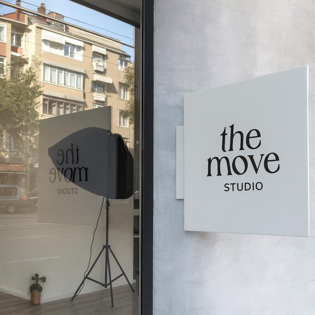 The Move Studio sign on a building exterior with a view into an interior space.