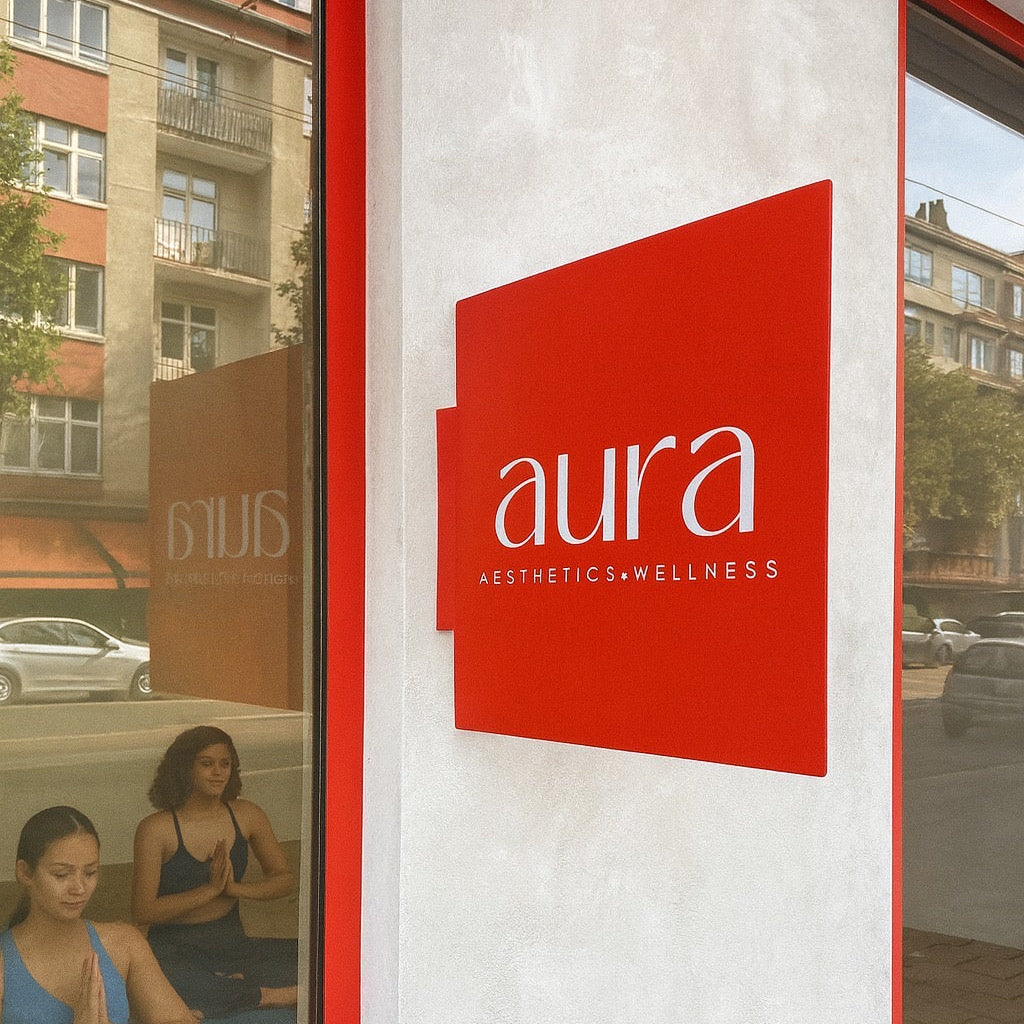 Red 'aura' logo on a building facade with reflections of people and cars.