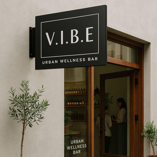 V.I.B.E Urban Wellness Bar sign on a building exterior with a plant and entrance visible.