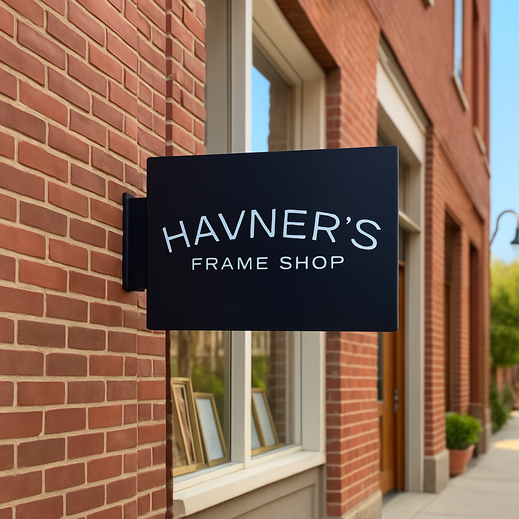 Black sign with 'HAVNER'S FRAME SHOP' on a brick building