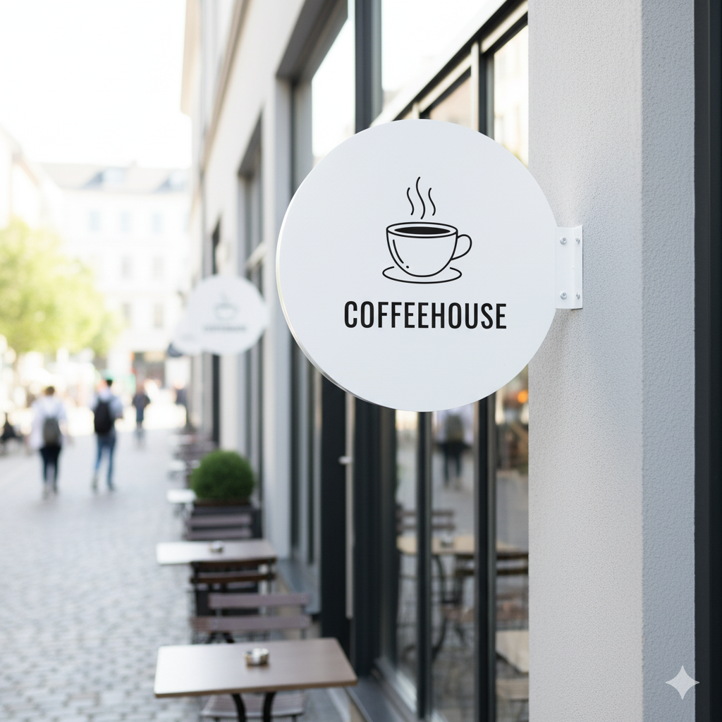 Coffeehouse sign with a coffee cup icon on a building exterior.