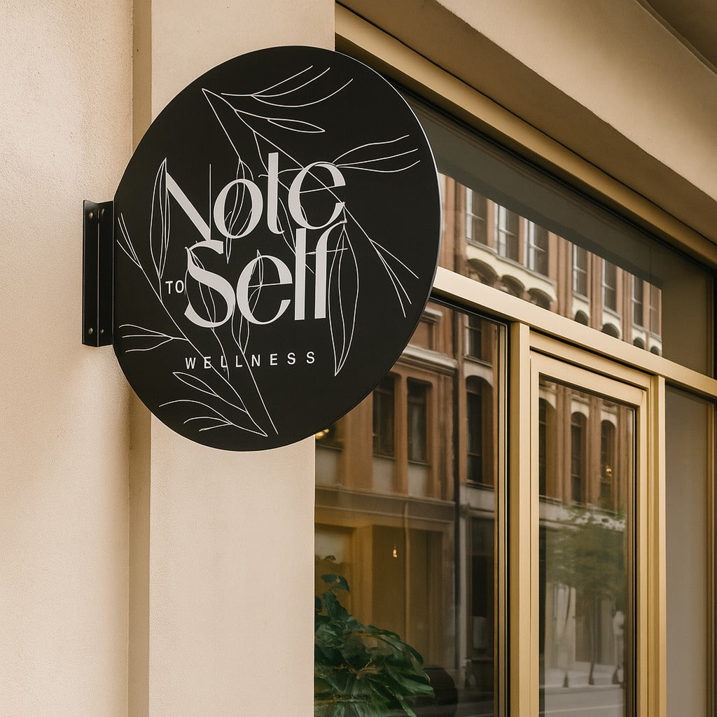 Round sign with 'Note to Self Wellness' on a building exterior