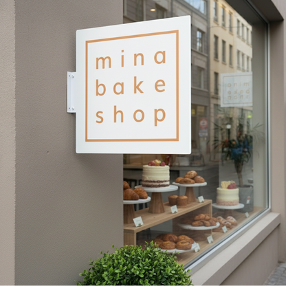 Mina Bake Shop storefront with pastries displayed in the window.
