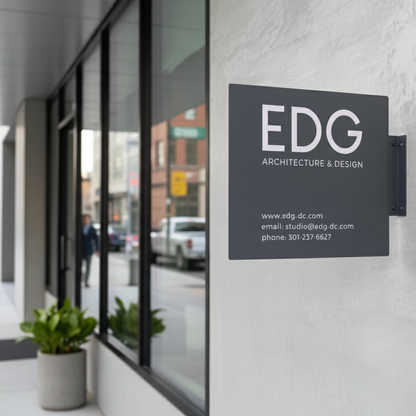 EDG Architecture & Design sign on a building exterior with people and cars in the background.