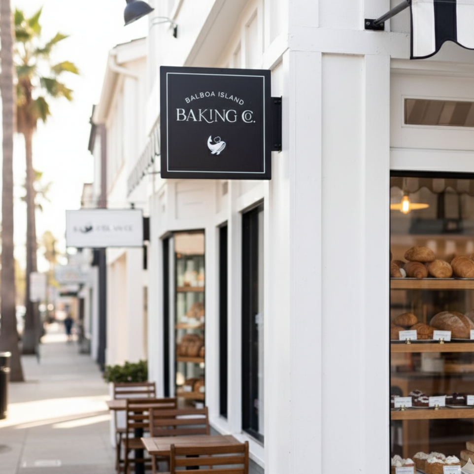 Bakery storefront with 'Balboa Island Baking Co.' sign and display of pastries.